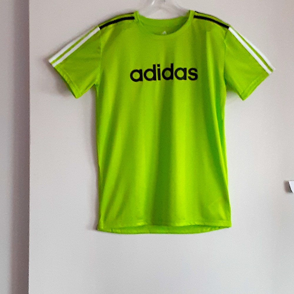 Adidas With Three Stripes Neon Green Graphic T-Shirt Youth L 14/16 Athletic NWOT